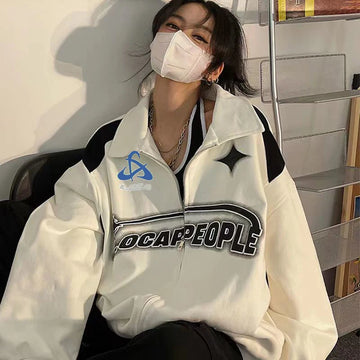 Getadme Y2K Women Oversized Sweatshirts Vintage Autumn Letter Print Zipper Jacket Caots Korean Streetwear Trend Female Hoodies Tops